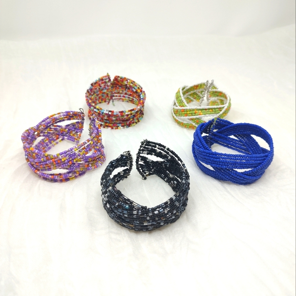 Set of 5 multi-colored seed bead woven cuff boho bracelets